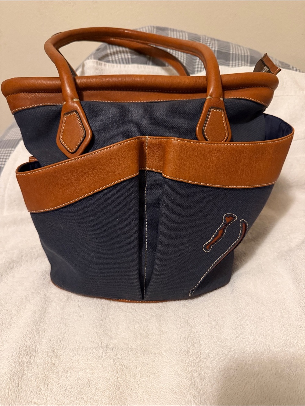 Antares Canvas Tote Bag with Brown Leather Trim - Navy